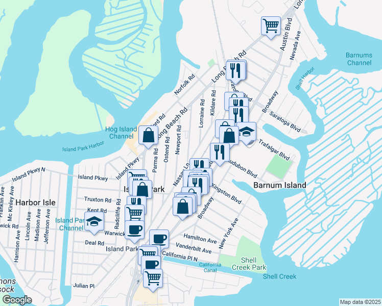 map of restaurants, bars, coffee shops, grocery stores, and more near 17 Marina Road in Island Park