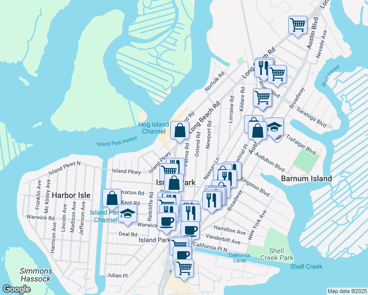 map of restaurants, bars, coffee shops, grocery stores, and more near 108 Parma Road in Island Park