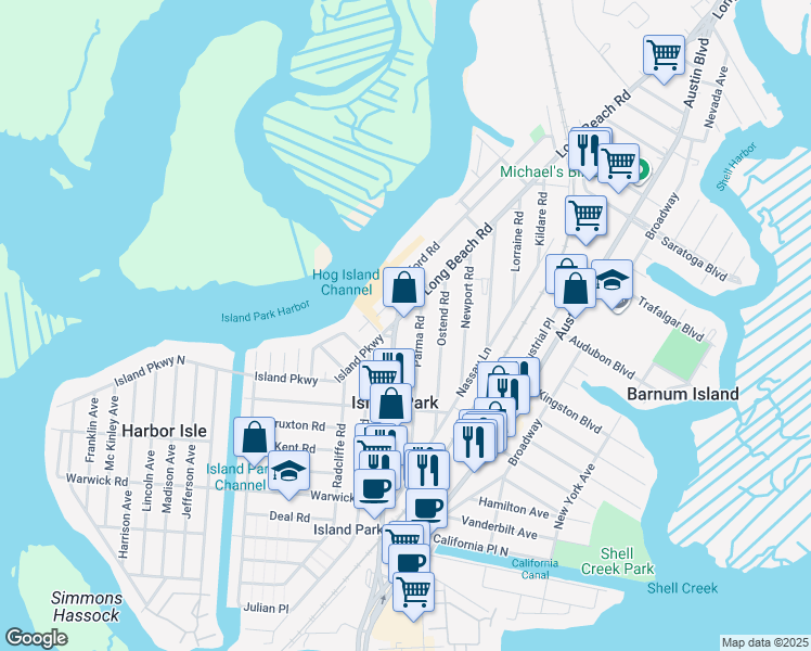 map of restaurants, bars, coffee shops, grocery stores, and more near 108 Parma Road in Island Park