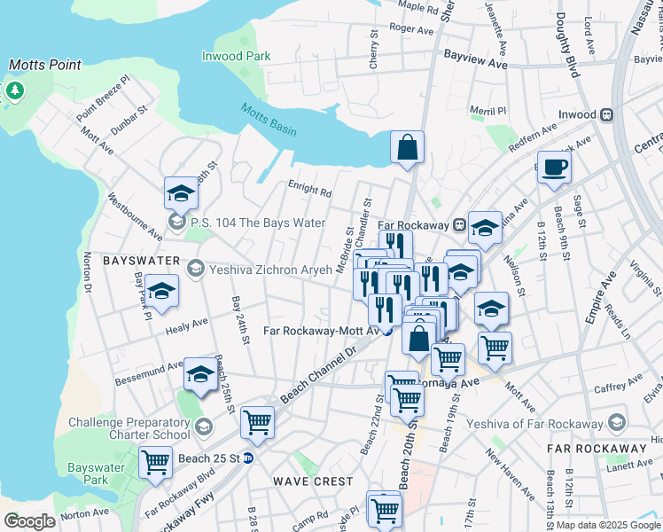 map of restaurants, bars, coffee shops, grocery stores, and more near 13-17 McBride Street in Queens