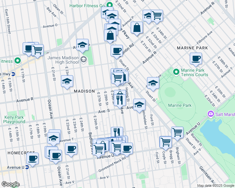 map of restaurants, bars, coffee shops, grocery stores, and more near 1831 East 29th Street in Brooklyn