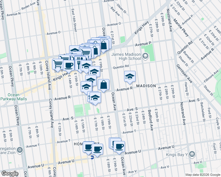 map of restaurants, bars, coffee shops, grocery stores, and more near 2258 Ocean Avenue in Brooklyn