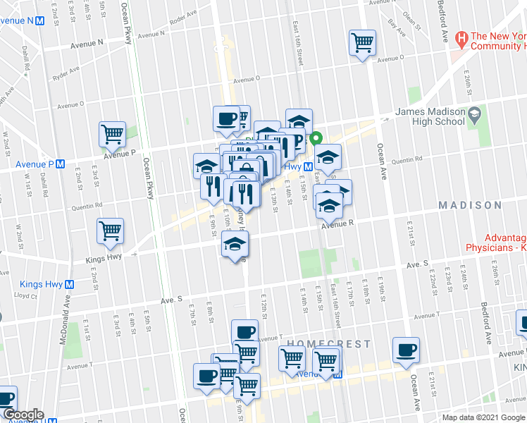 map of restaurants, bars, coffee shops, grocery stores, and more near 1761 East 12th Street in Brooklyn