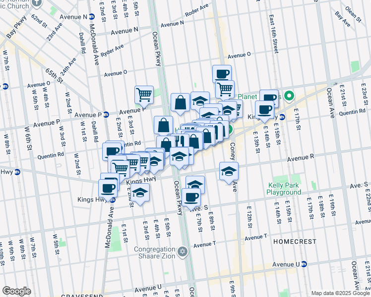 map of restaurants, bars, coffee shops, grocery stores, and more near 1729 Ocean Parkway in Brooklyn