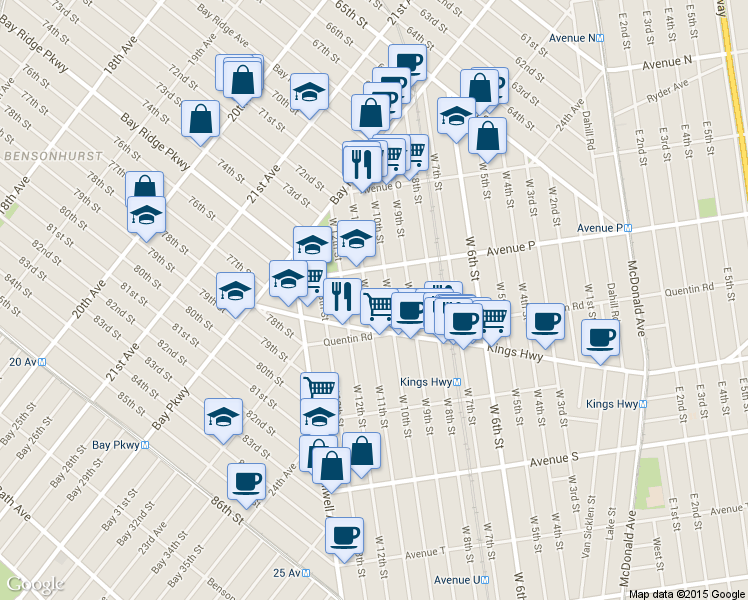map of restaurants, bars, coffee shops, grocery stores, and more near 1638 West 11th Street in Brooklyn