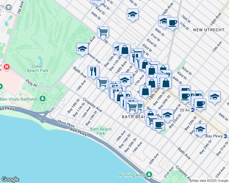 map of restaurants, bars, coffee shops, grocery stores, and more near 130 Bay 14th Street in Brooklyn
