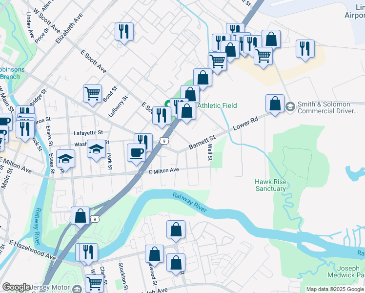 map of restaurants, bars, coffee shops, grocery stores, and more near 2025 Barnett Street in Rahway