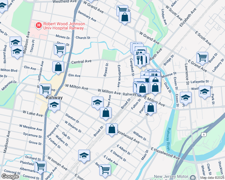 map of restaurants, bars, coffee shops, grocery stores, and more near 125 West Milton Avenue in Rahway