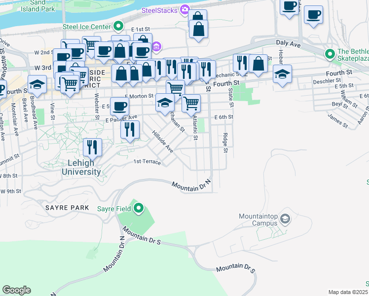 map of restaurants, bars, coffee shops, grocery stores, and more near 700 Atlantic Street in Bethlehem