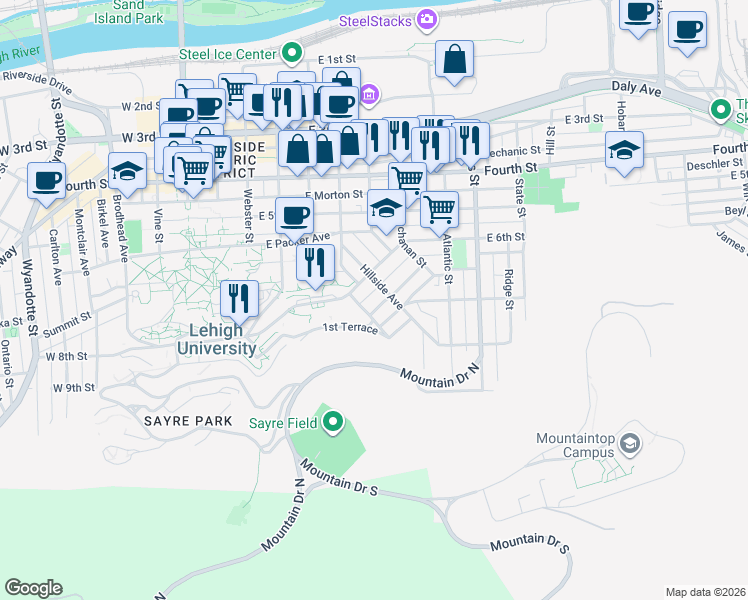 map of restaurants, bars, coffee shops, grocery stores, and more near 405 Selfridge Street in Bethlehem