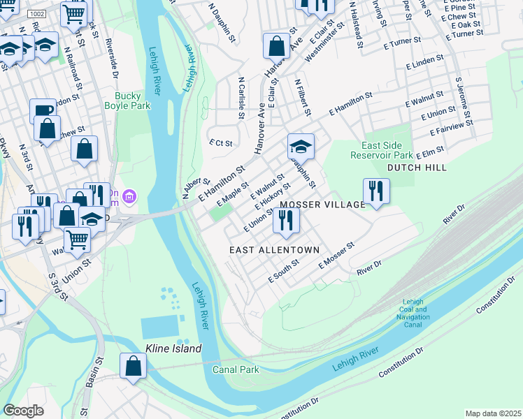 map of restaurants, bars, coffee shops, grocery stores, and more near 233 East Union Street in Allentown