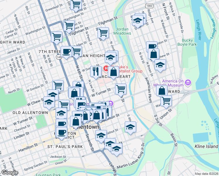map of restaurants, bars, coffee shops, grocery stores, and more near 435 West Turner Street in Allentown