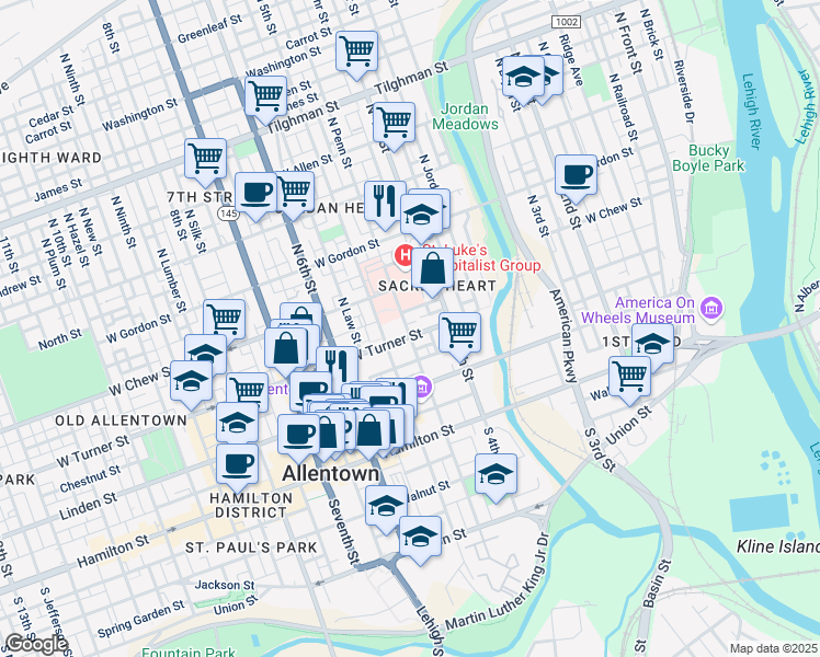 map of restaurants, bars, coffee shops, grocery stores, and more near 435 West Turner Street in Allentown