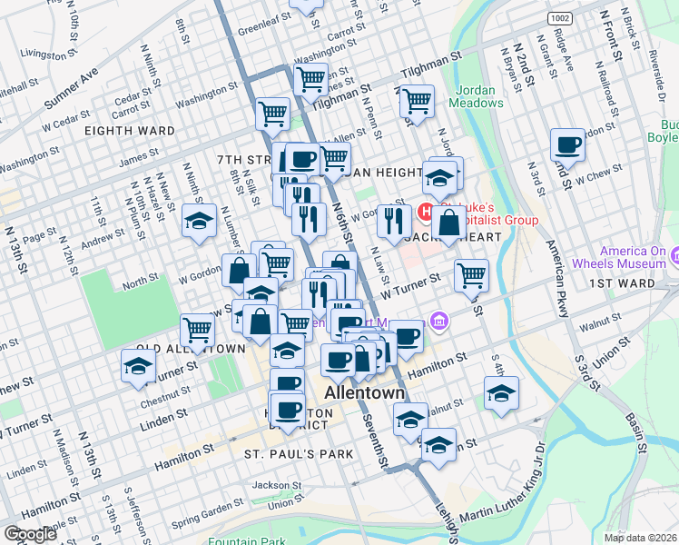 map of restaurants, bars, coffee shops, grocery stores, and more near 239 North Church Street in Allentown