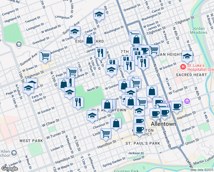 map of restaurants, bars, coffee shops, grocery stores, and more near 951 West Gordon Street in Allentown