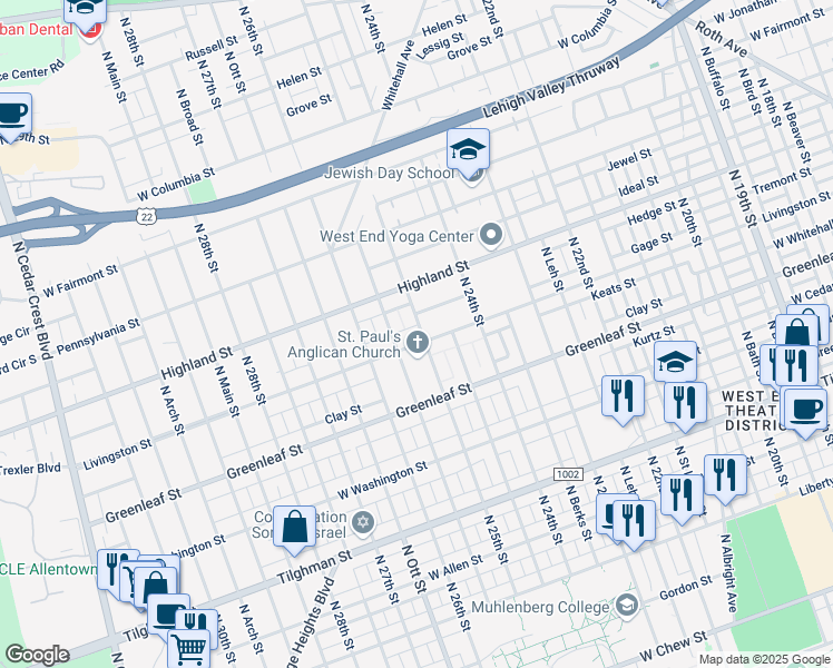 map of restaurants, bars, coffee shops, grocery stores, and more near 2501 Livingston Street in Allentown