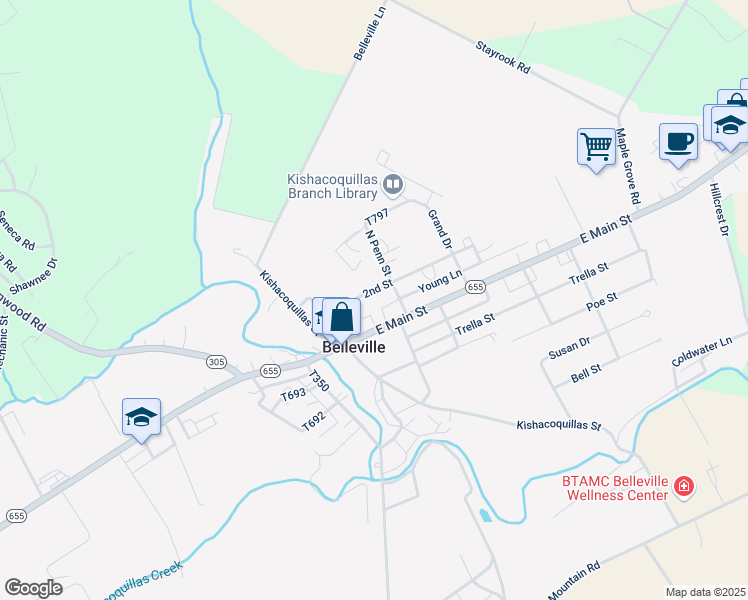 map of restaurants, bars, coffee shops, grocery stores, and more near 100 2nd Street in Belleville