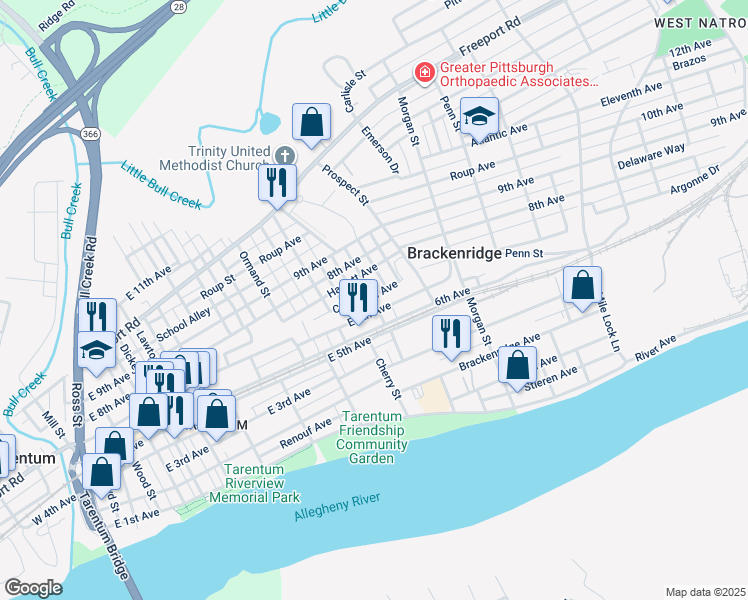 map of restaurants, bars, coffee shops, grocery stores, and more near 836 Cleveland Avenue in Brackenridge