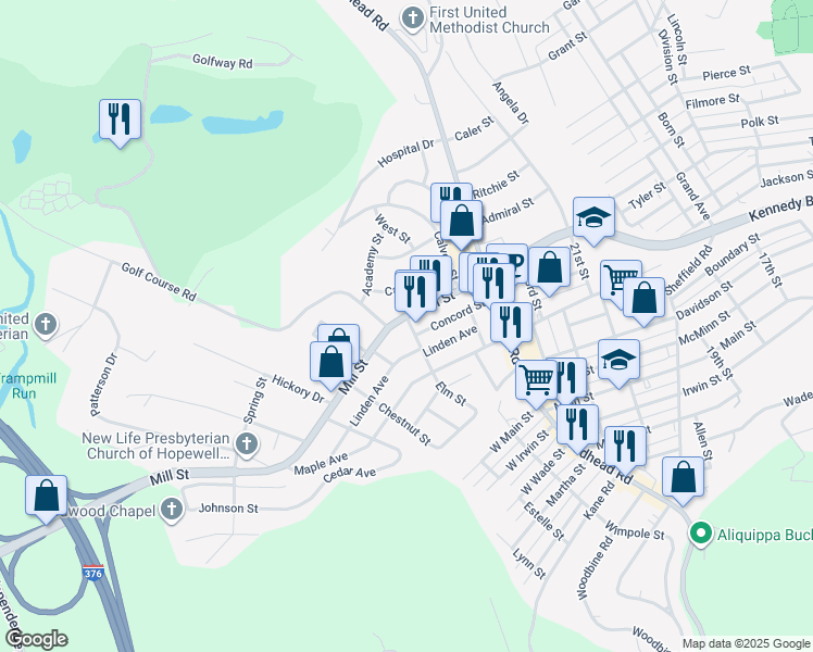 map of restaurants, bars, coffee shops, grocery stores, and more near 2407 Mill Street in Aliquippa