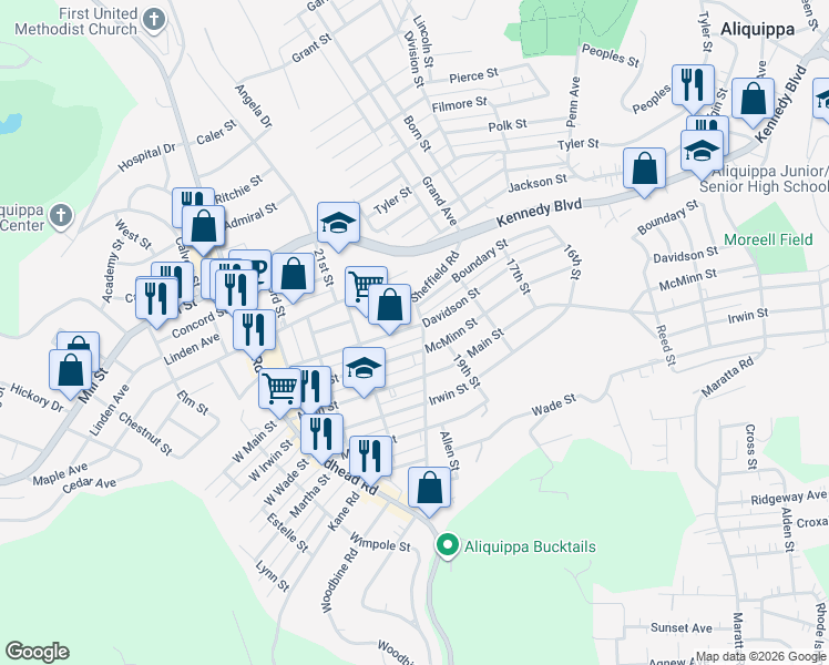 map of restaurants, bars, coffee shops, grocery stores, and more near 2003 Davidson Street in Aliquippa