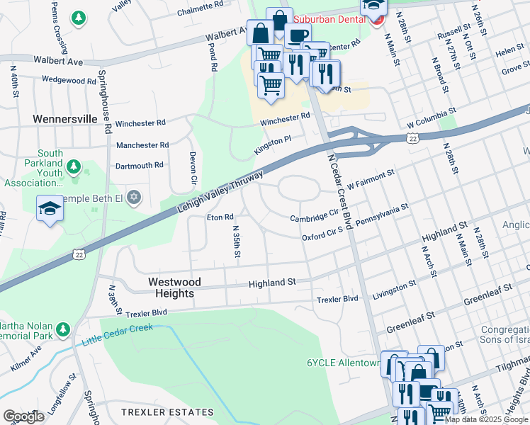 map of restaurants, bars, coffee shops, grocery stores, and more near 3404 Cambridge Cir in Allentown