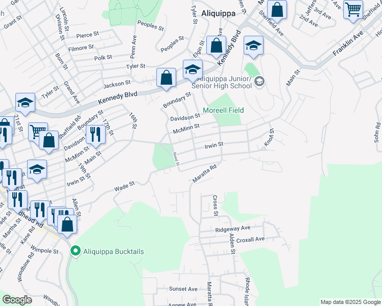 map of restaurants, bars, coffee shops, grocery stores, and more near 1305 Irwin Street in Aliquippa