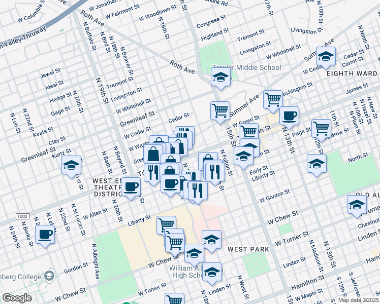 map of restaurants, bars, coffee shops, grocery stores, and more near 1637 Tilghman Street in Allentown
