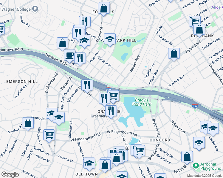 map of restaurants, bars, coffee shops, grocery stores, and more near Staten Island Expressway in Staten Island