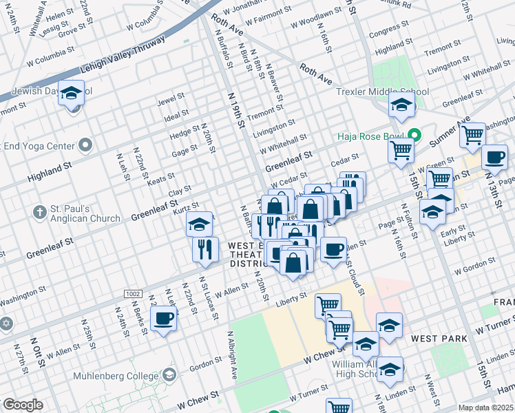 map of restaurants, bars, coffee shops, grocery stores, and more near 1917 West Washington Street in Allentown