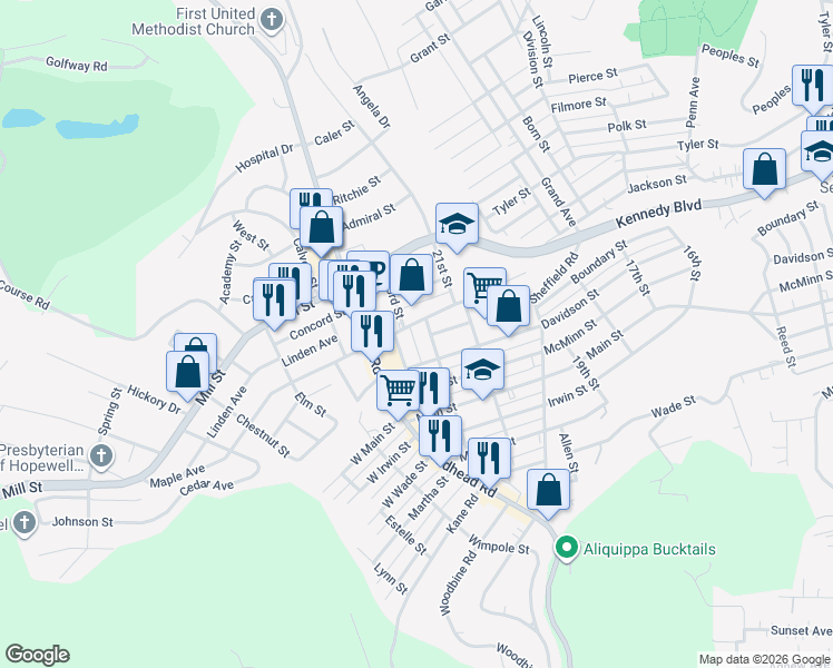 map of restaurants, bars, coffee shops, grocery stores, and more near 2205 Sheffield Road in Aliquippa