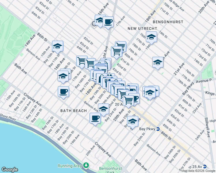 map of restaurants, bars, coffee shops, grocery stores, and more near 1863 86th Street in Brooklyn