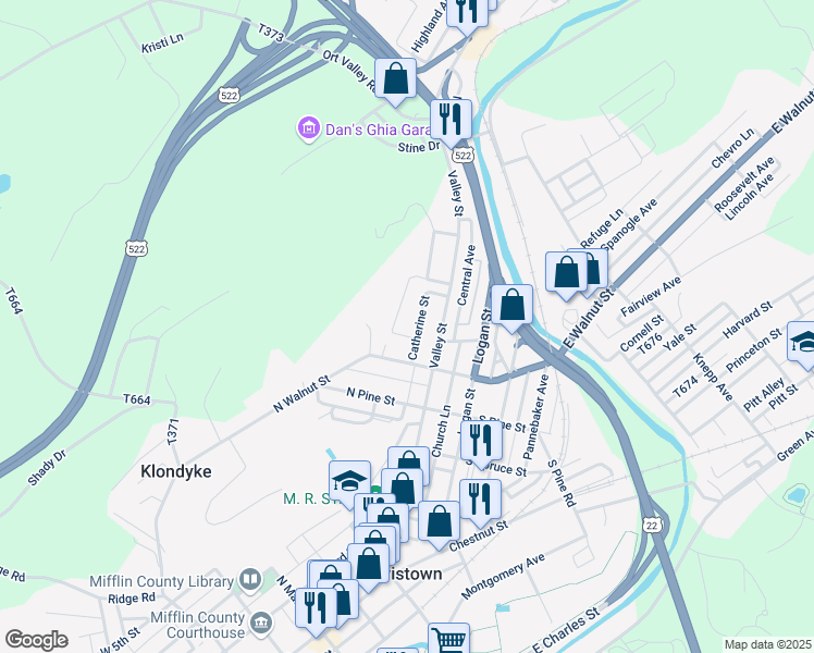 map of restaurants, bars, coffee shops, grocery stores, and more near 26 Catherine Street in Lewistown