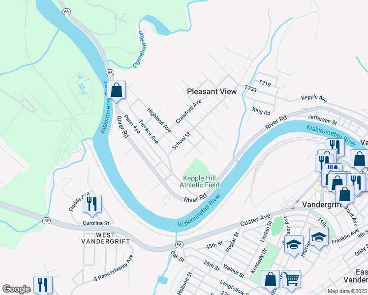 map of restaurants, bars, coffee shops, grocery stores, and more near 1116 Orchard Avenue in Vandergrift