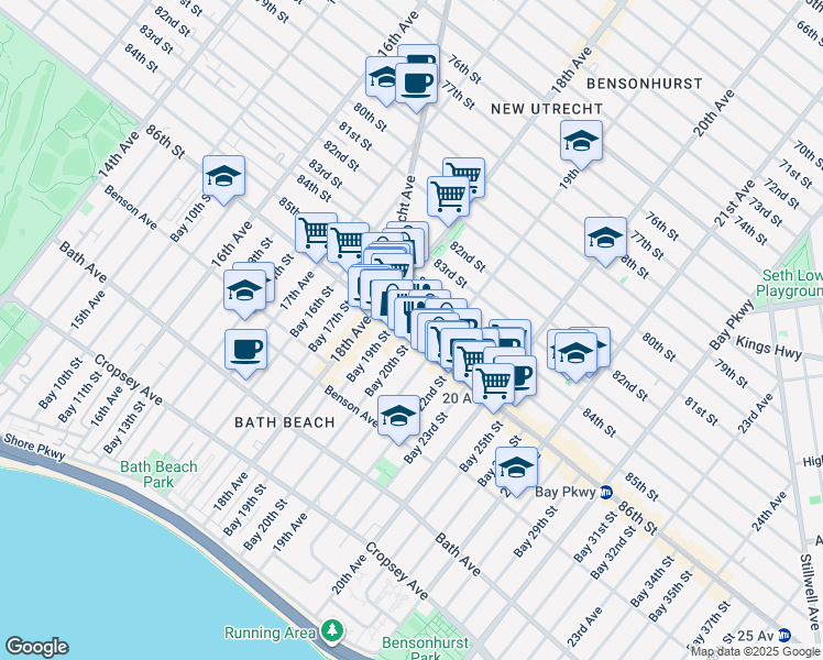 map of restaurants, bars, coffee shops, grocery stores, and more near 1863 86th Street in Brooklyn