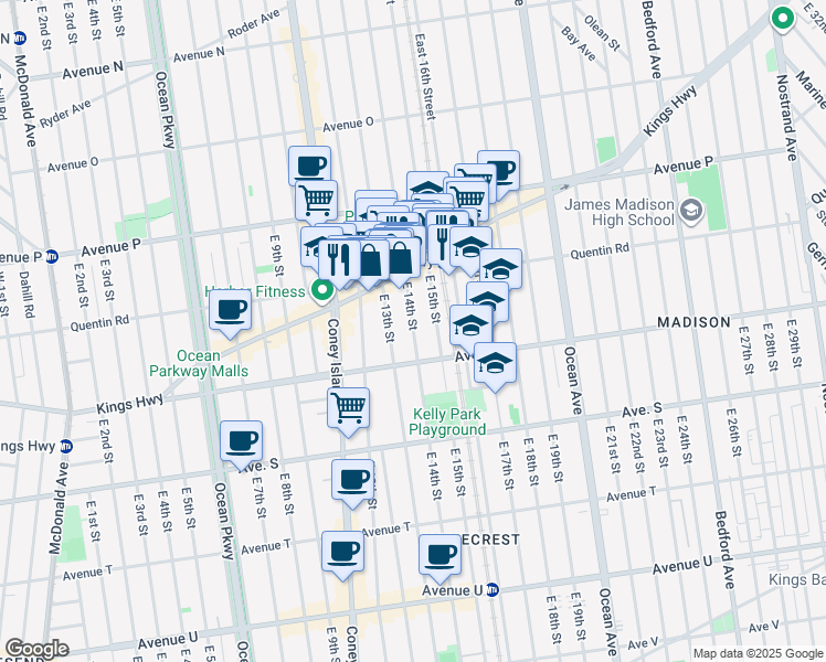 map of restaurants, bars, coffee shops, grocery stores, and more near 1770 East 14th Street in Brooklyn