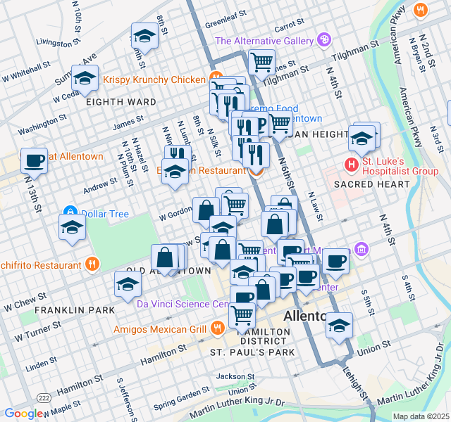 map of restaurants, bars, coffee shops, grocery stores, and more near 328 North 8th Street in Allentown