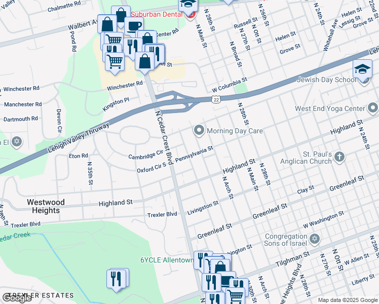 map of restaurants, bars, coffee shops, grocery stores, and more near 3019 Pennsylvania Street in Allentown