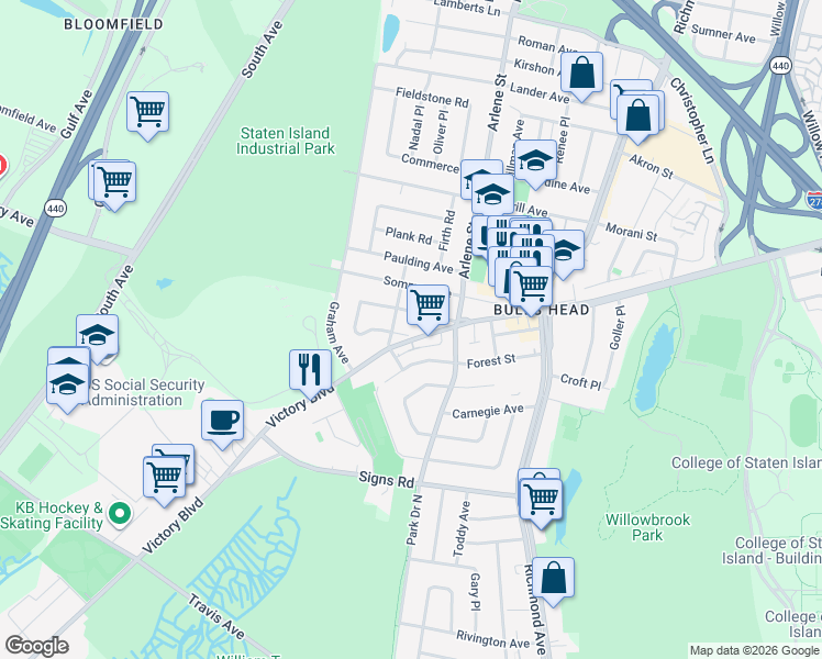 map of restaurants, bars, coffee shops, grocery stores, and more near 7 Nostrand Avenue in Staten Island