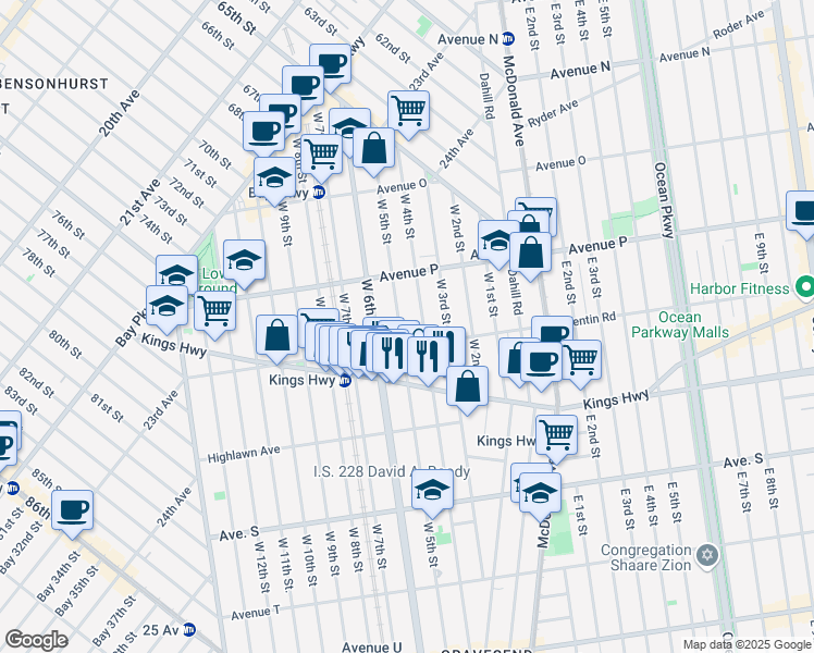 map of restaurants, bars, coffee shops, grocery stores, and more near 1663 West 5th Street in Brooklyn