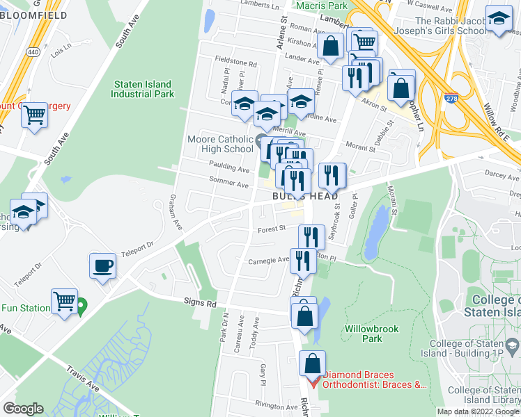 map of restaurants, bars, coffee shops, grocery stores, and more near 3188 Victory Boulevard in Staten Island