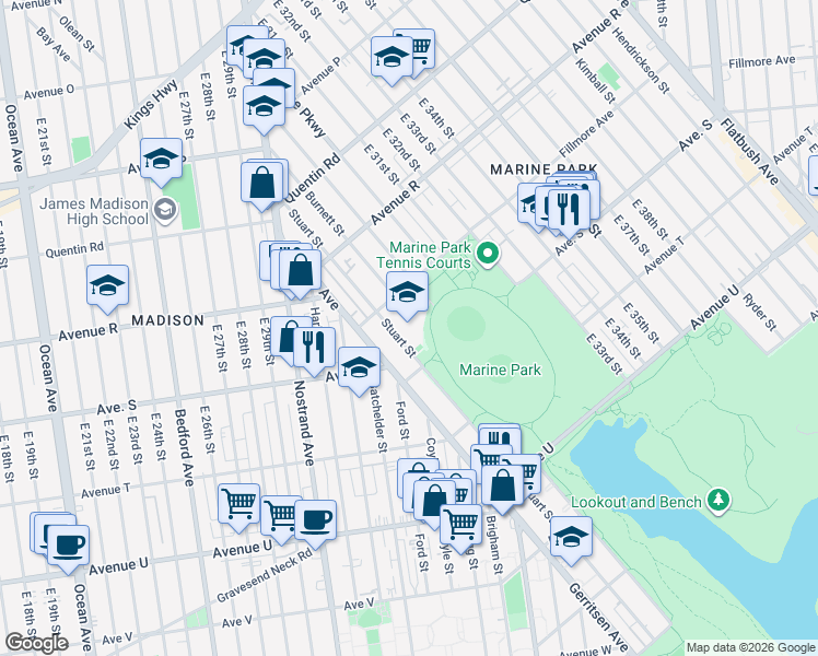 map of restaurants, bars, coffee shops, grocery stores, and more near 1925 Stuart Street in Brooklyn