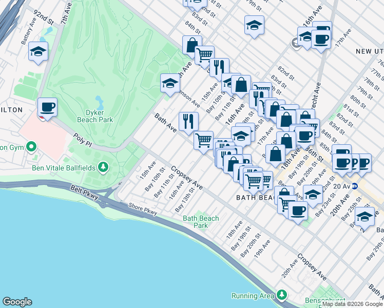 map of restaurants, bars, coffee shops, grocery stores, and more near 187 Bay 11th Street in Brooklyn