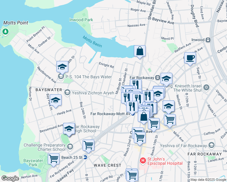map of restaurants, bars, coffee shops, grocery stores, and more near 13-17 McBride Street in Queens