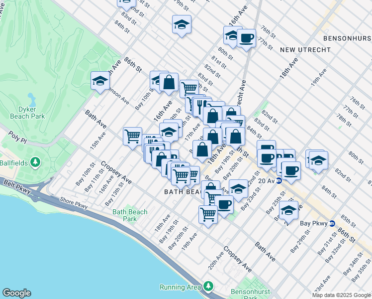 map of restaurants, bars, coffee shops, grocery stores, and more near 1712 Benson Avenue in Brooklyn