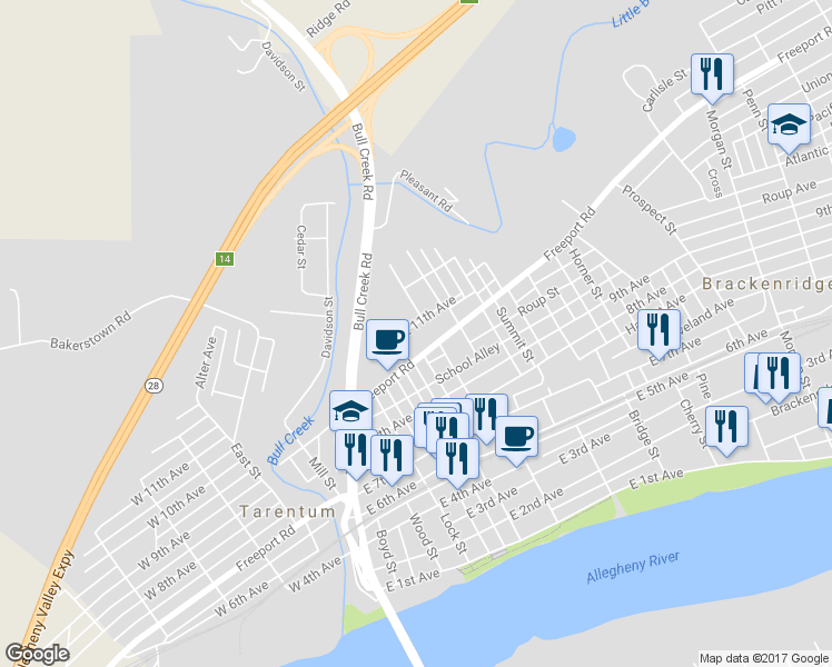 map of restaurants, bars, coffee shops, grocery stores, and more near 400 East 11th Avenue in Tarentum