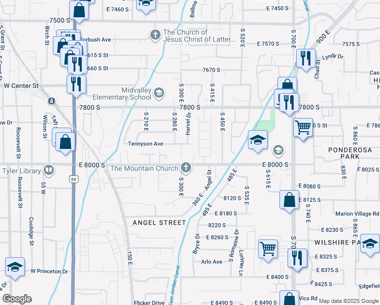 map of restaurants, bars, coffee shops, grocery stores, and more near 7944 Harvel Drive in Sandy