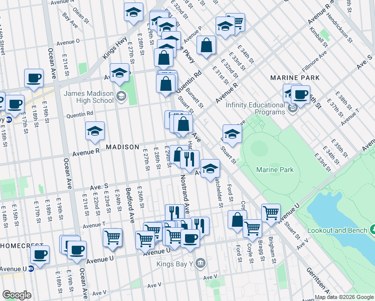 map of restaurants, bars, coffee shops, grocery stores, and more near 1838 Haring Street in Brooklyn