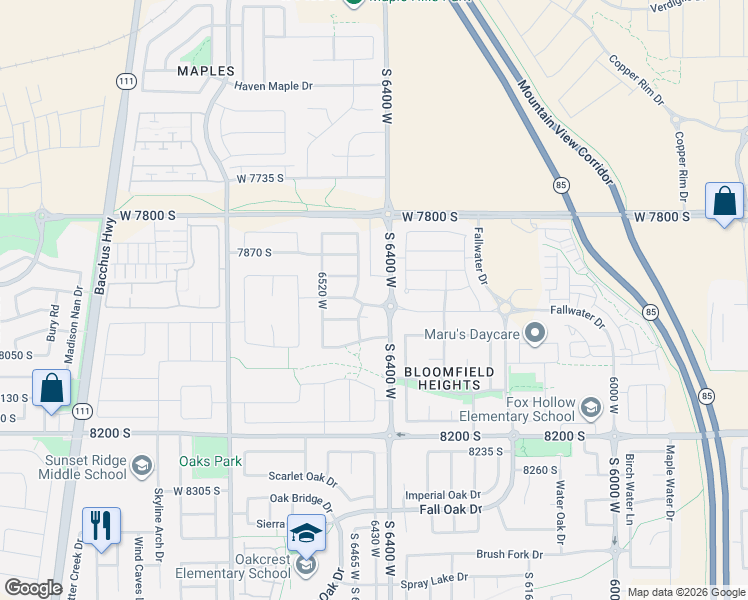 map of restaurants, bars, coffee shops, grocery stores, and more near 6424 Annandale Way in West Jordan