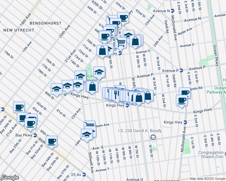 map of restaurants, bars, coffee shops, grocery stores, and more near 1647 West 10th Street in Brooklyn