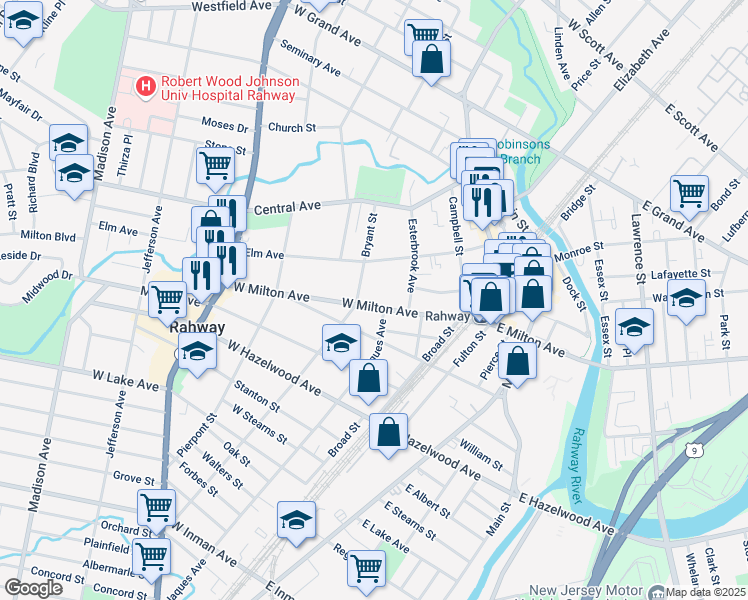 map of restaurants, bars, coffee shops, grocery stores, and more near 187 West Milton Avenue in Rahway